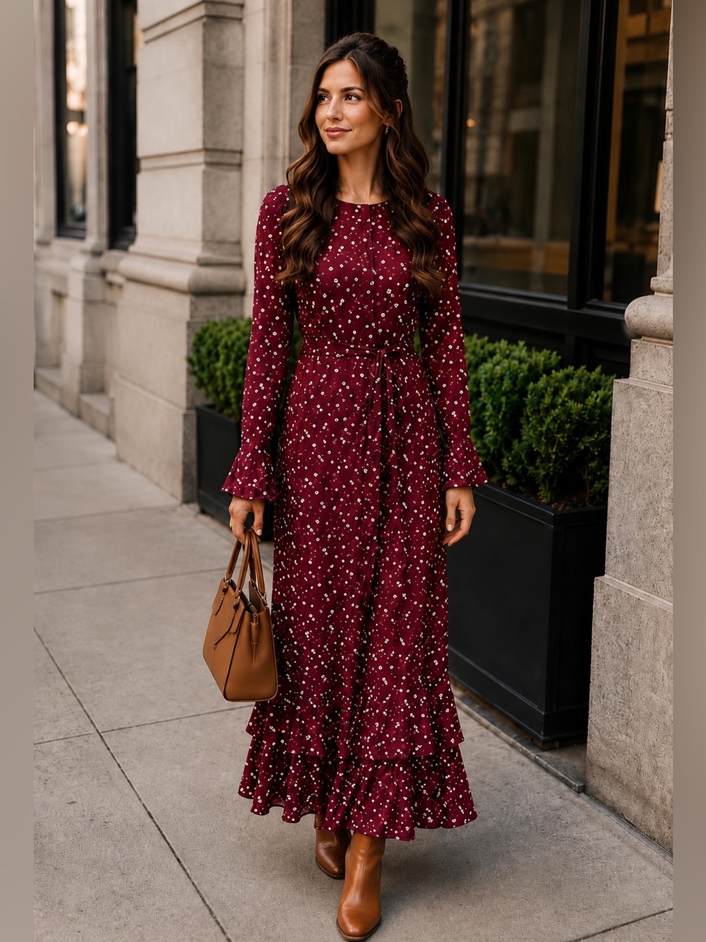 URBAN MODESTY Women's Burgundy Floral Button Front Bell Sleeves Maxi Dress L